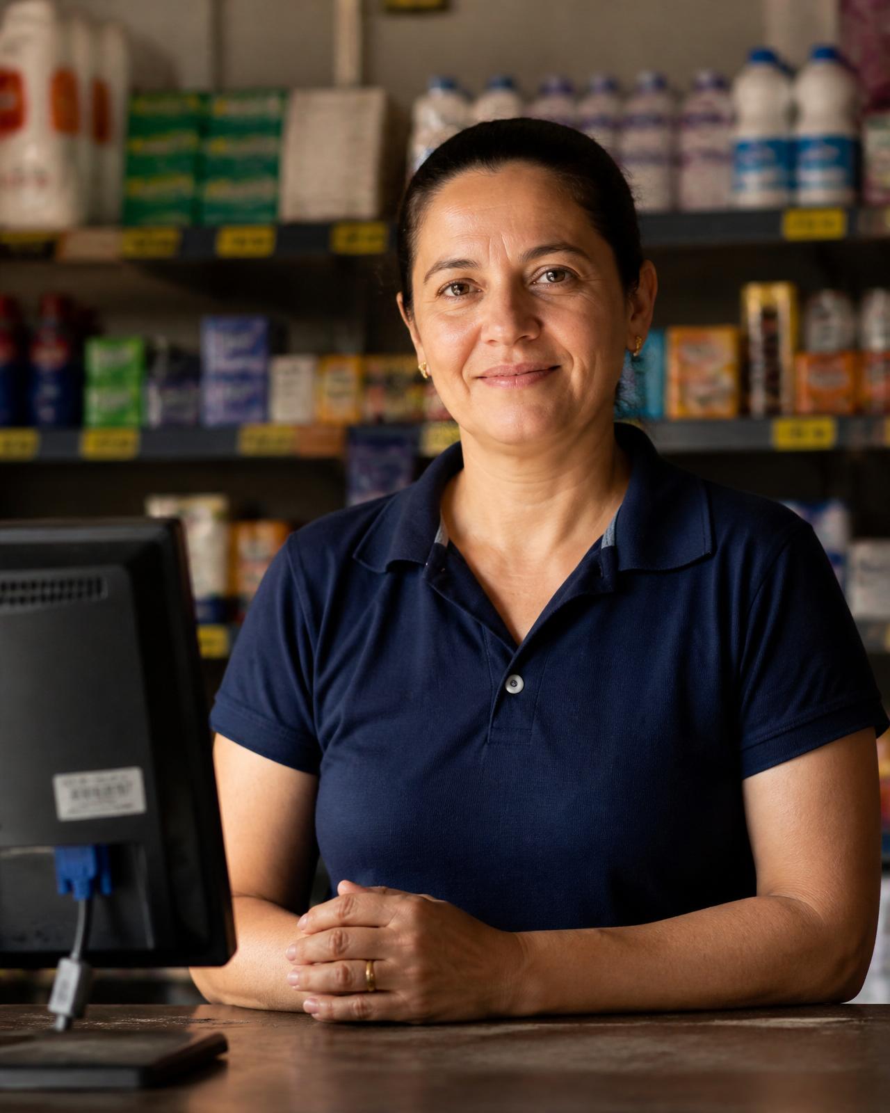 Lojista sorridente atrás do balcão de loja de roupas
